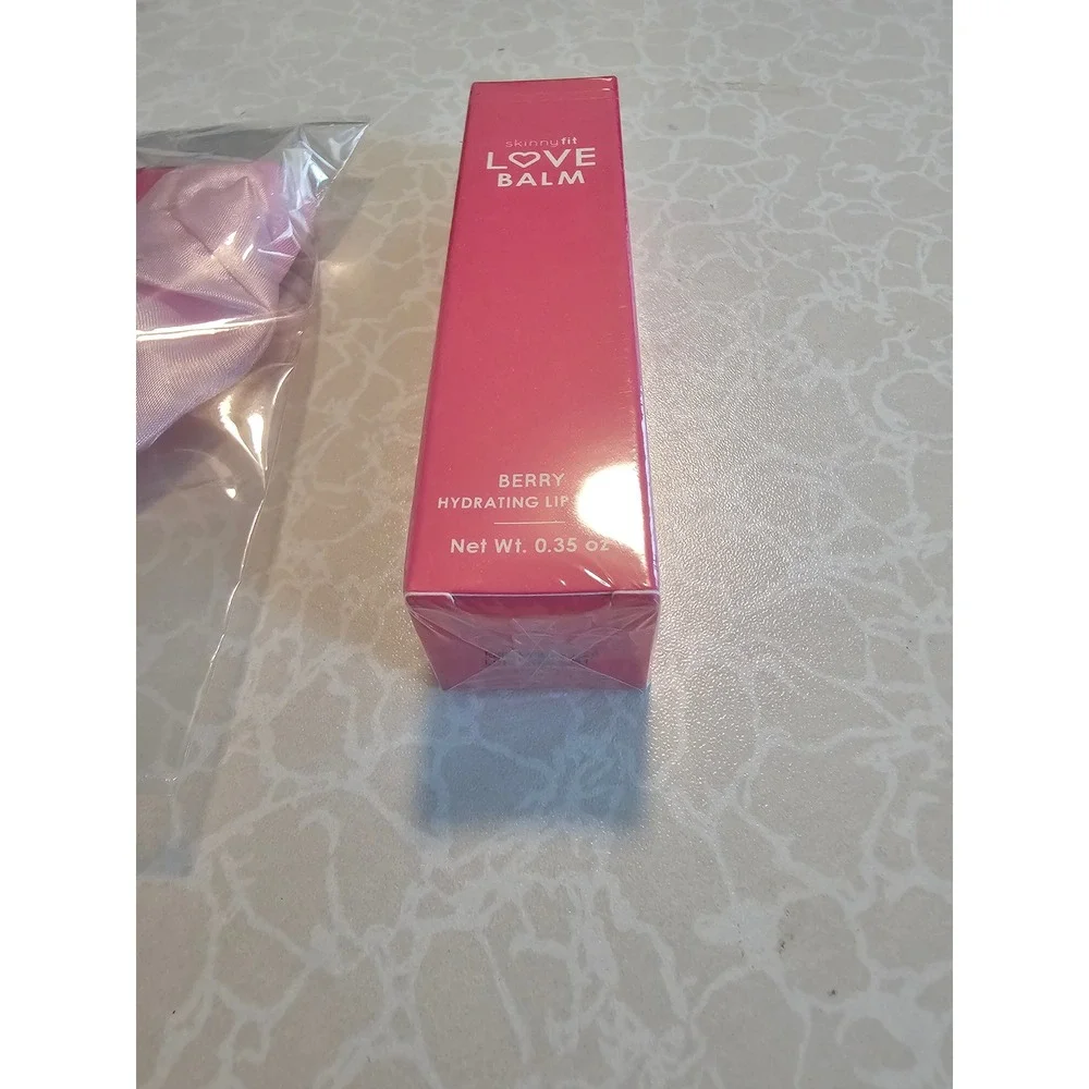 SkinnyFit Love Balm Berry Hydrating Lip Balm 0.35oz and Pink Satin Scrunchie Set